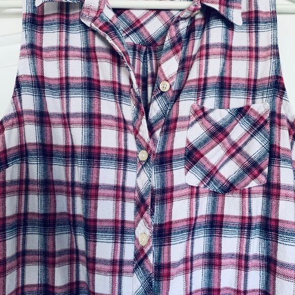Forever 21 Red, Navy & White Plaid Flannel Button-Down Tunic Tank Shirt | Size L - Picture 4 of 10